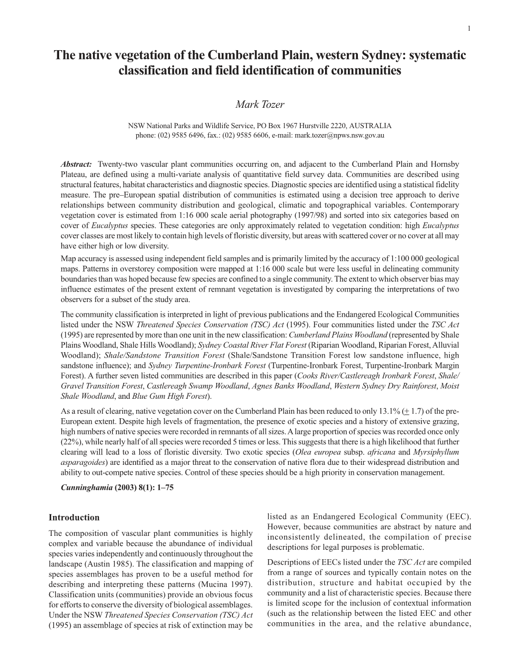 The Native Vegetation of the Cumberland Plain, Western Sydney: Systematic Classification and Field Identification of Communities