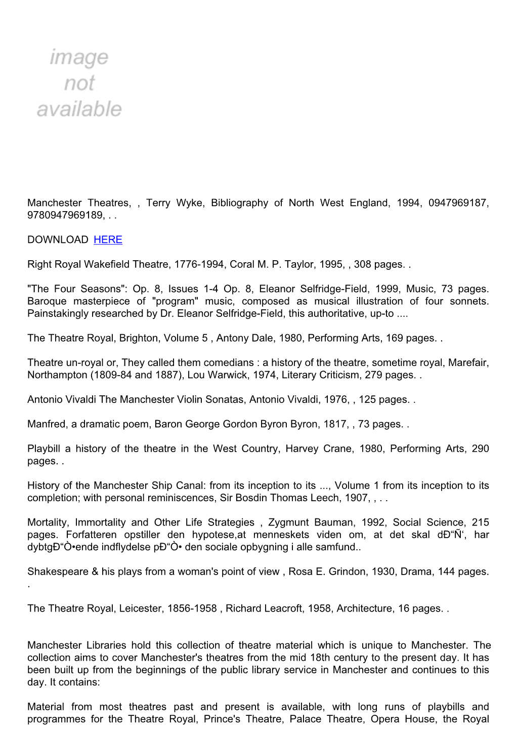 Download Manchester Theatres, , Terry Wyke, Bibliography of North