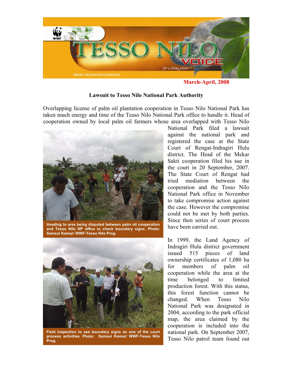 March-April, 2008 Lawsuit to Tesso Nilo National Park Authority