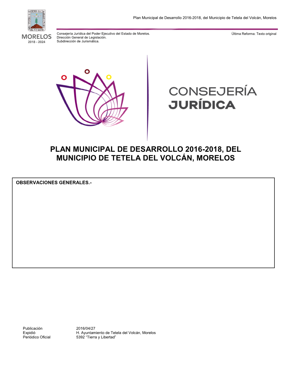 Plan Municipal De Desarrollo 2016-2018, Del Municipio De Tetela Del Volcán, Morelos