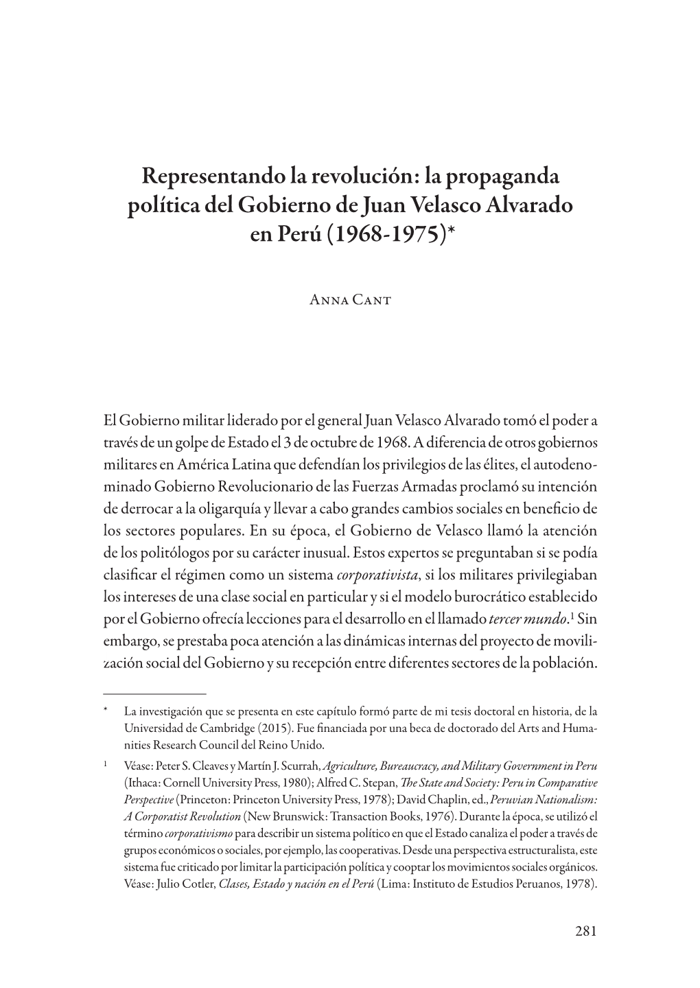 Representando La Revolución: La Propaganda Política Del Gobierno De Juan Velasco Alvarado En Perú (1968-1975)*