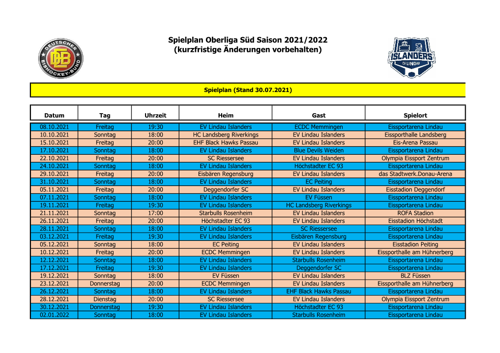 Spielplan Oberliga Süd Saison 2021/2022 (Kurzfristige Änderungen Vorbehalten)