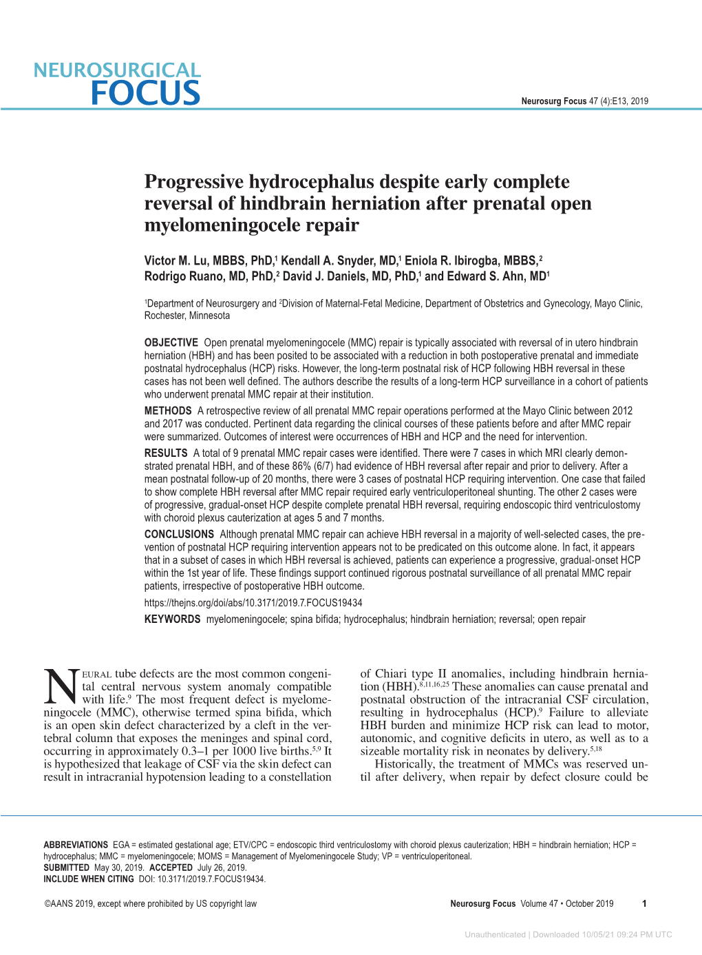 Progressive Hydrocephalus Despite Early Complete Reversal of Hindbrain Herniation After Prenatal Open Myelomeningocele Repair