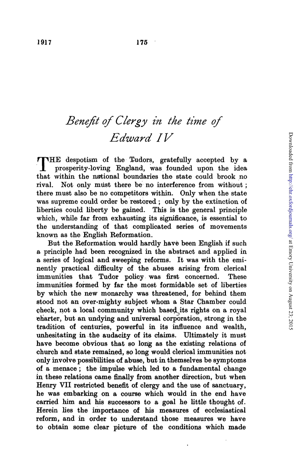 Benefit of Clergy in the Time of Edward IV