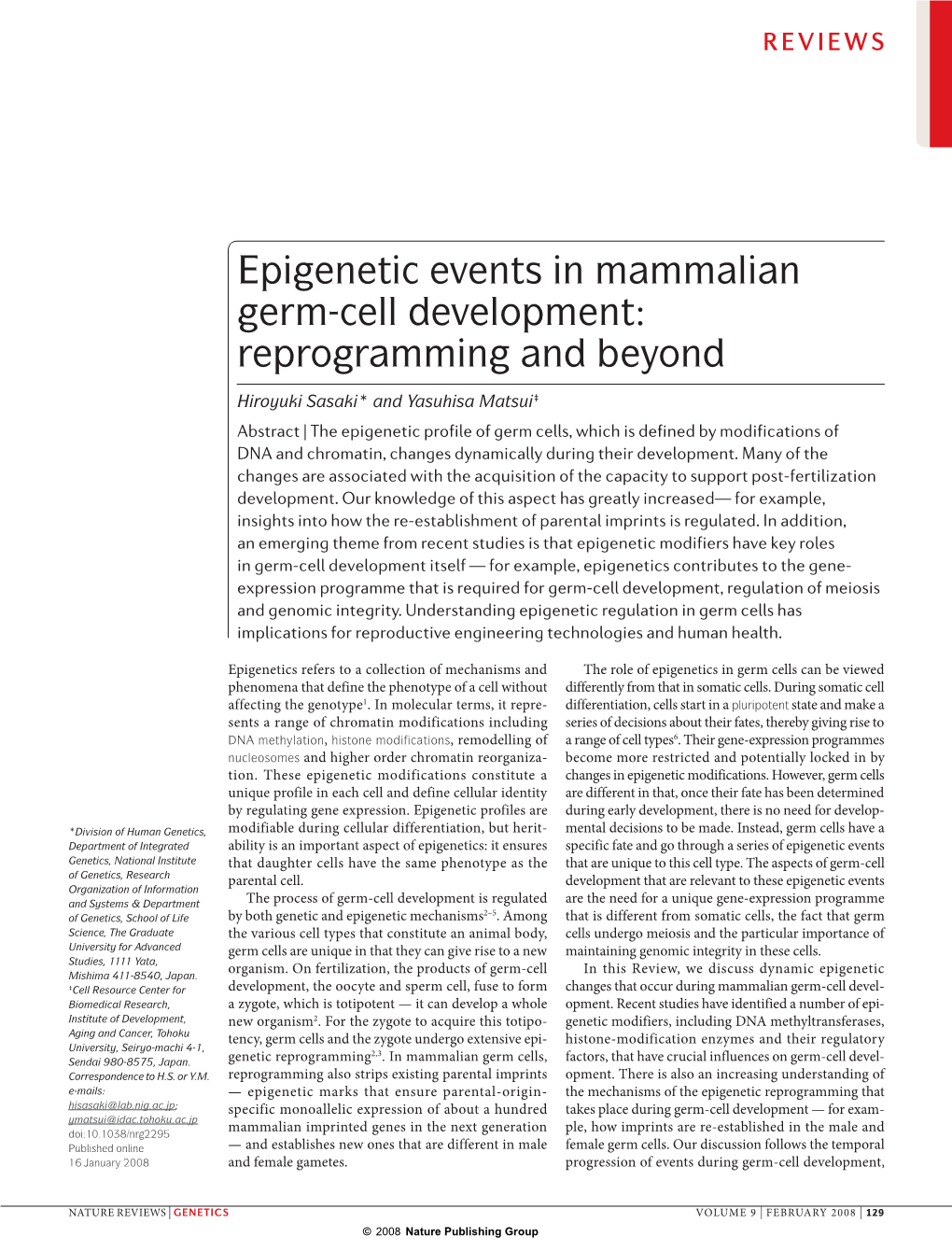 Epigenetic Events in Mammalian Germ-Cell Development: Reprogramming and Beyond