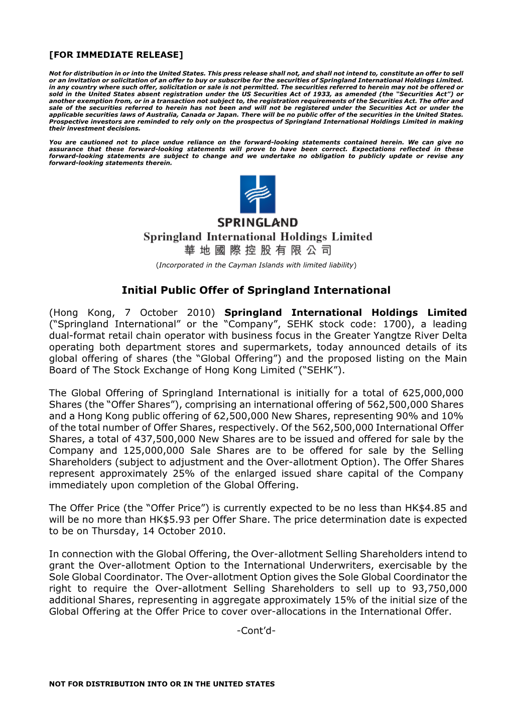 Initial Public Offer of Springland International