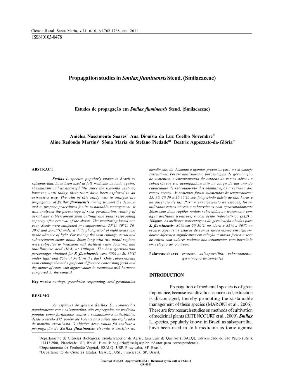 Propagation Studies in Smilax Fluminensissteud. (Smilacaceae)