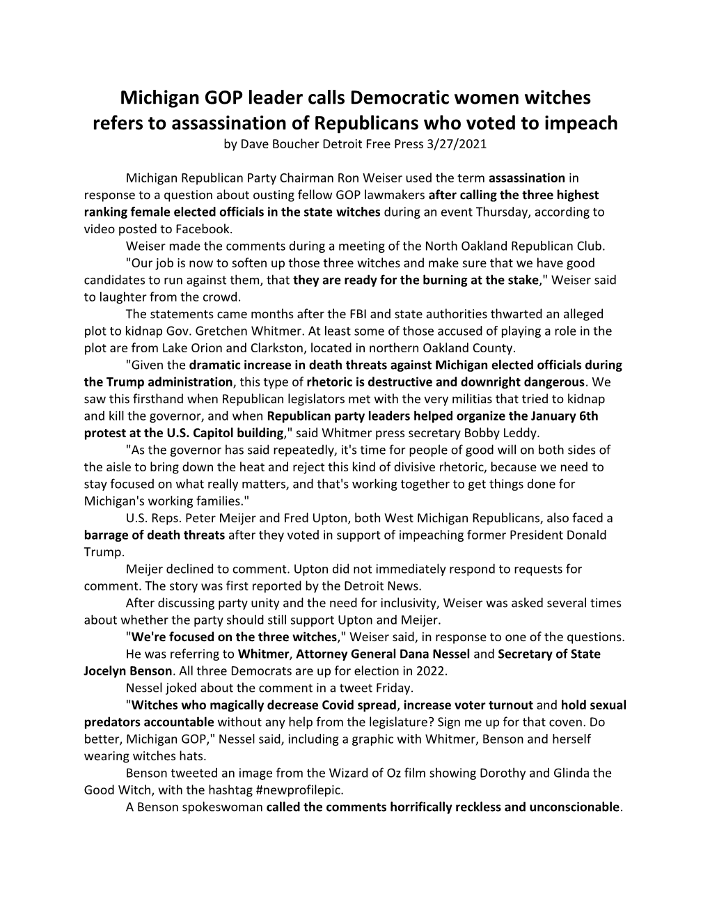 Michigan GOP Leader Calls Democratic Women Witches Refers to Assassination of Republicans Who Voted to Impeach by Dave Boucher Detroit Free Press 3/27/2021