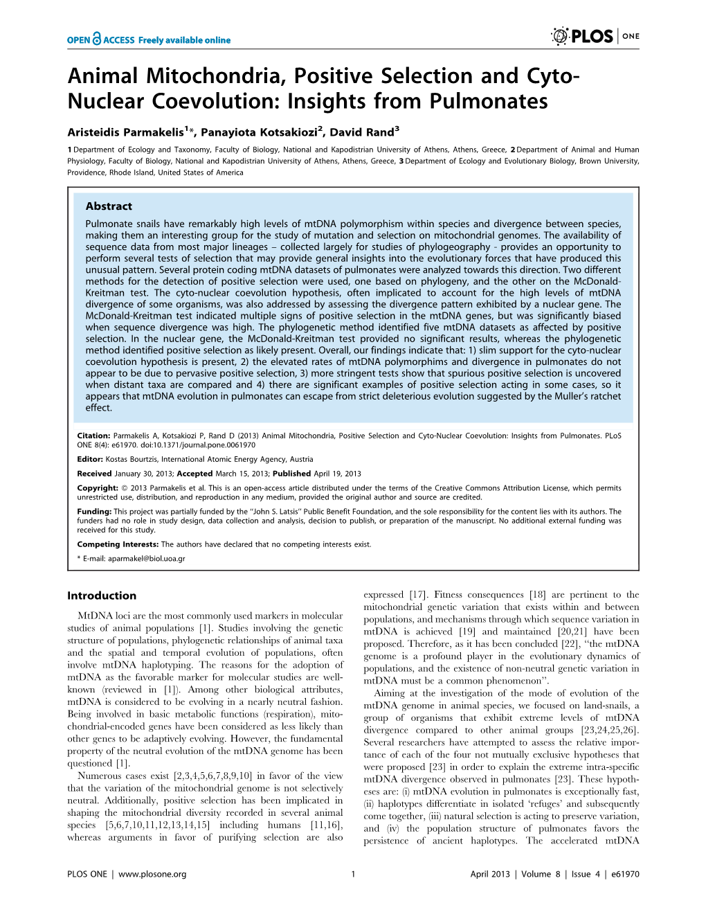 Animal Mitochondria, Positive Selection and Cyto- Nuclear Coevolution: Insights from Pulmonates