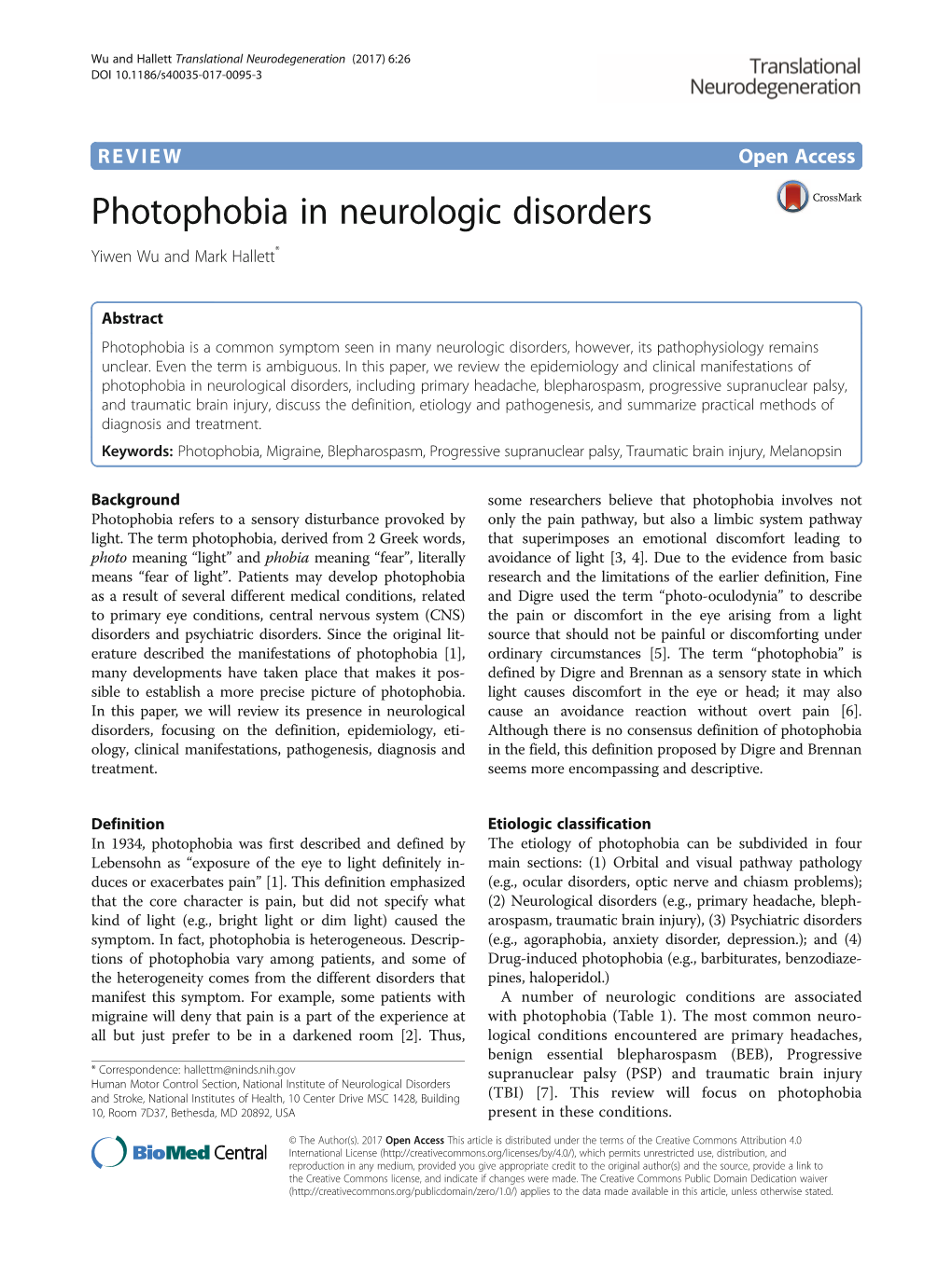 Photophobia in Neurologic Disorders Yiwen Wu and Mark Hallett*