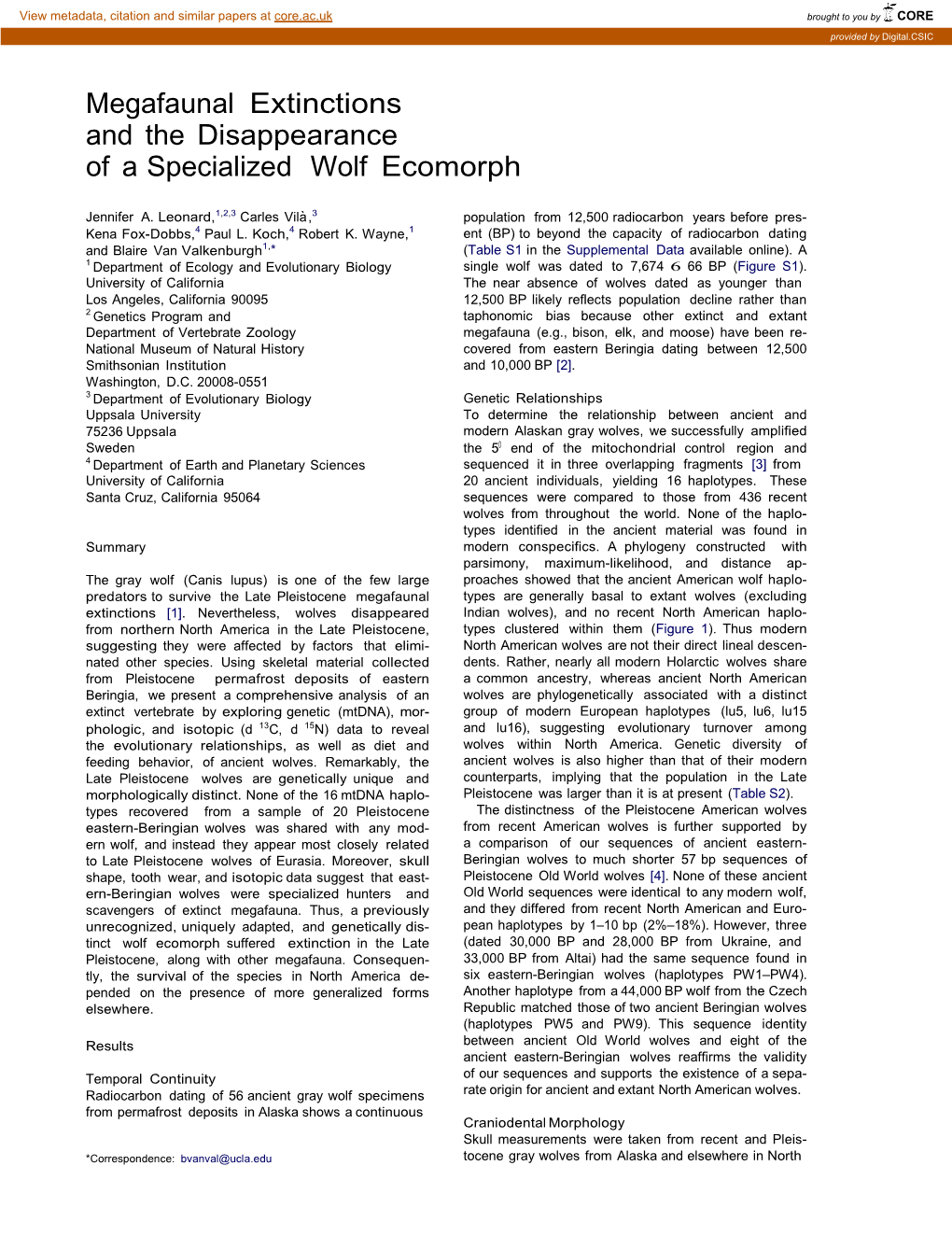 Megafaunal Extinctions and the Disappearance of a Specialized Wolf Ecomorph