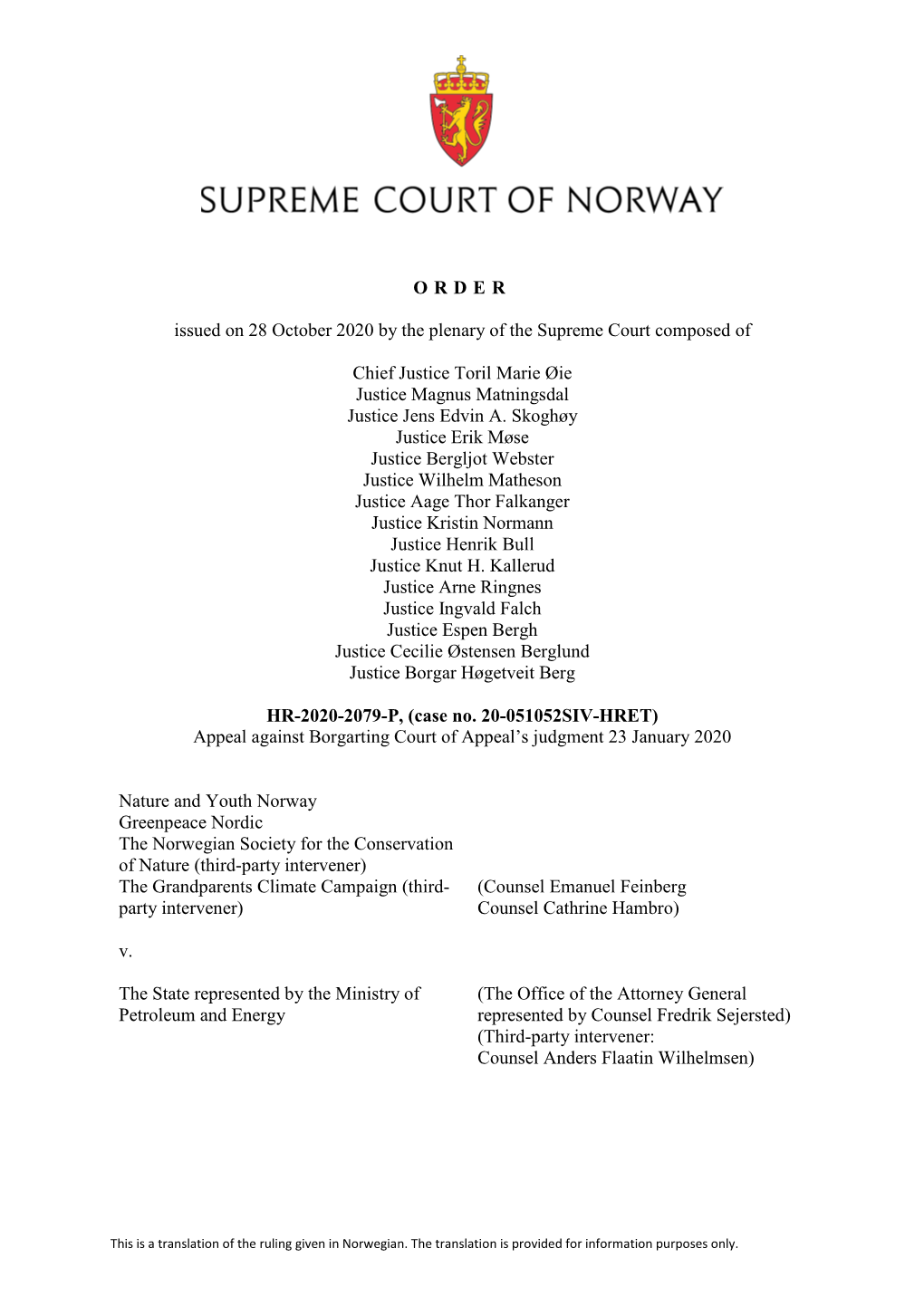 ORDER Issued on 28 October 2020 by the Plenary of the Supreme