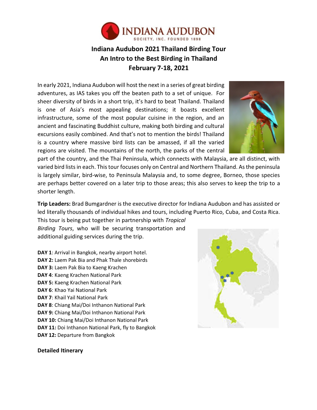 Indiana Audubon 2021 Thailand Birding Tour an Intro to the Best Birding in Thailand February 7-18, 2021