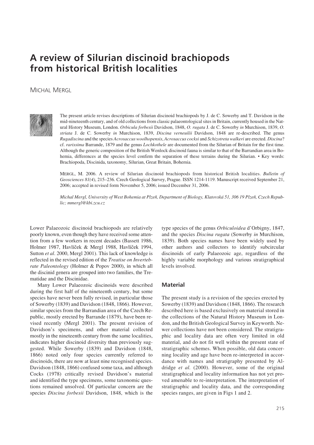 A Review of Silurian Discinoid Brachiopods from Historical British Localities