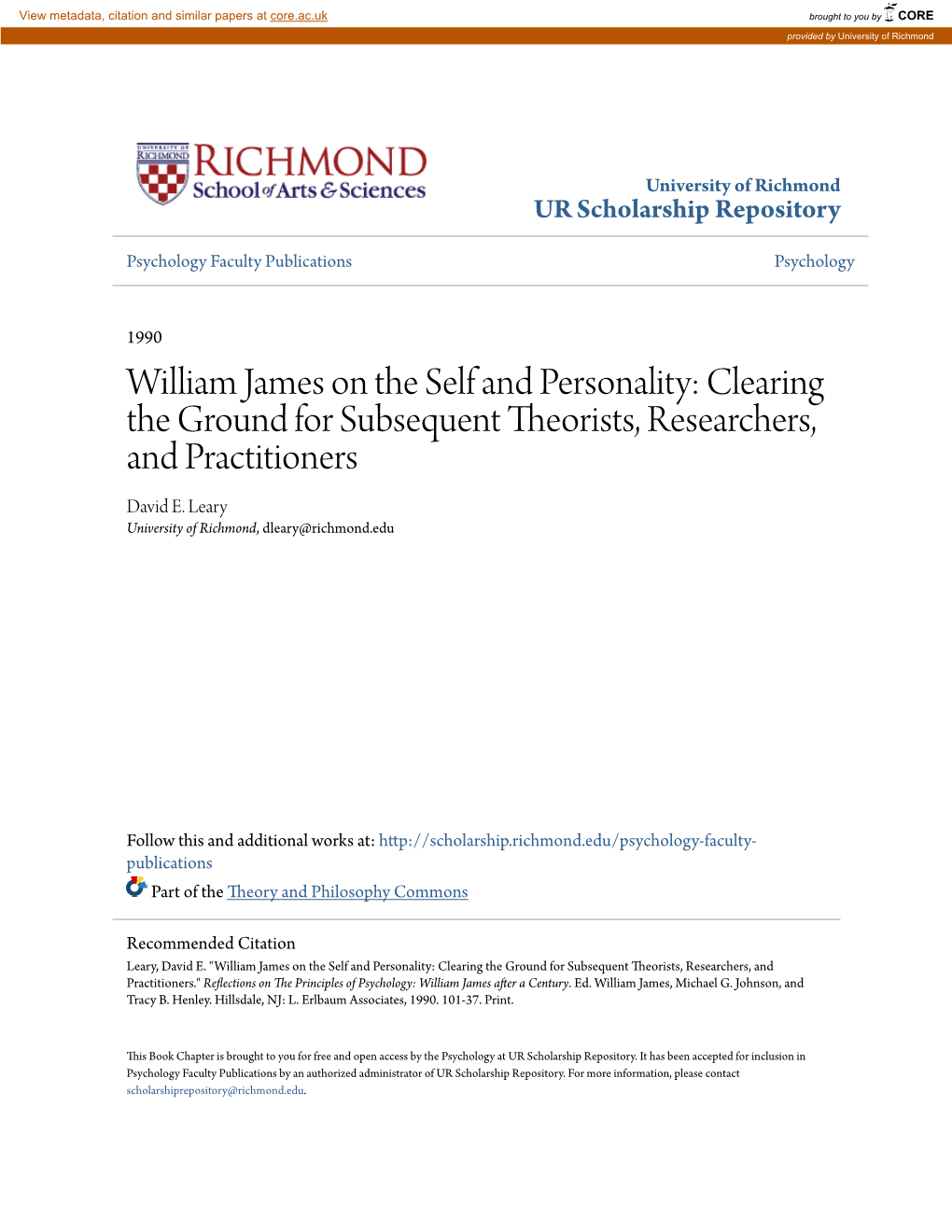 William James on the Self and Personality: Clearing the Ground for Subsequent Theorists, Researchers, and Practitioners David E