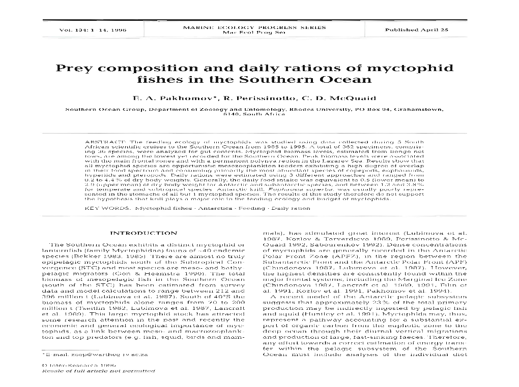 Prey Composition and Daily Rations of Myctophid Fishes in the Southern Ocean