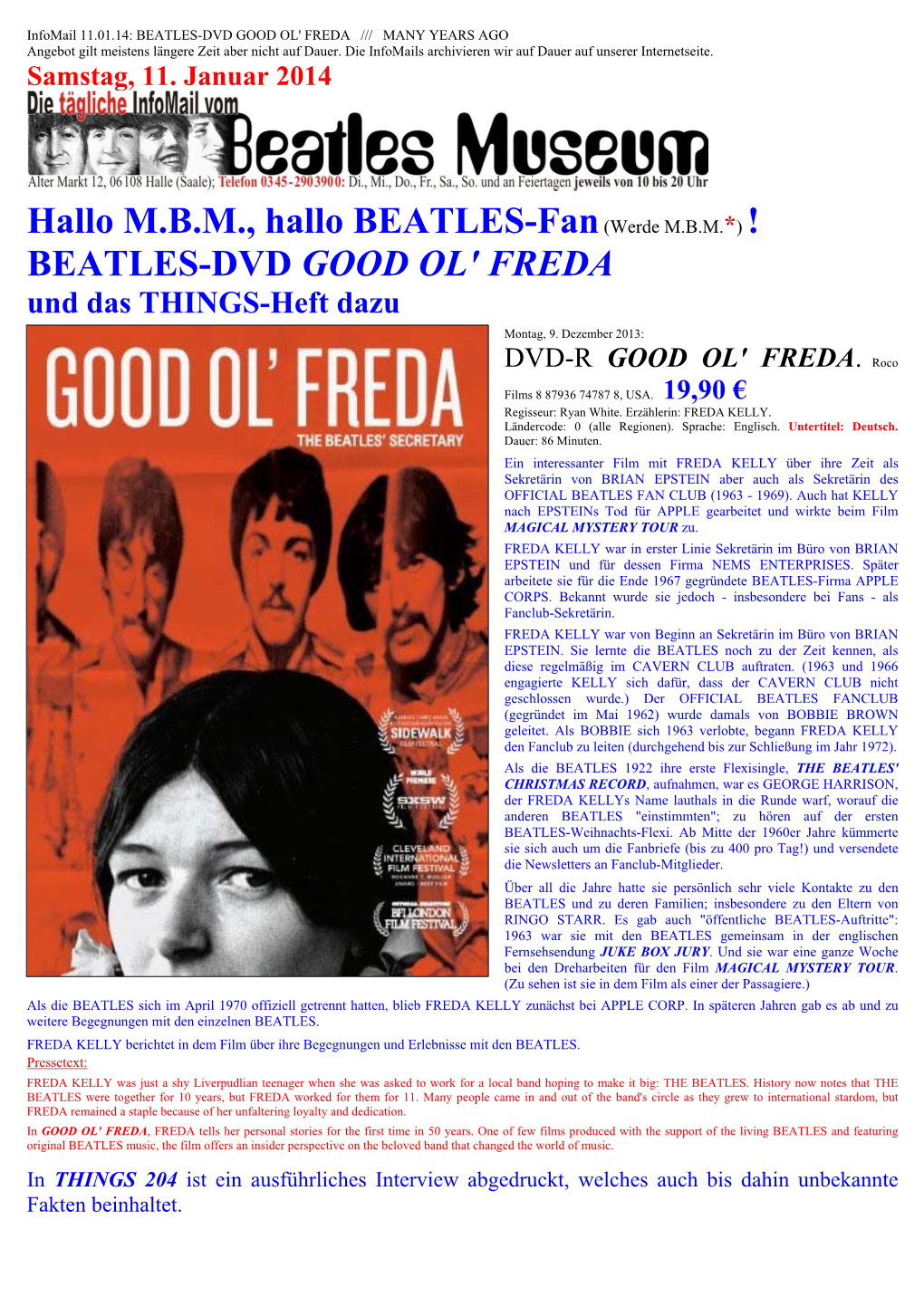 Hallo M.B.M., Hallo BEATLES-Fan(Werde M.B.M.*) ! BEATLES-DVD GOOD OL' FREDA