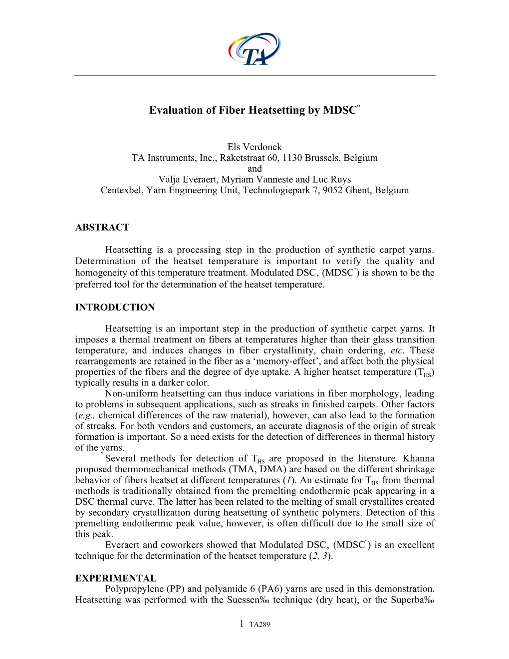 Evaluation of Fiber Heatsetting by MDSC“