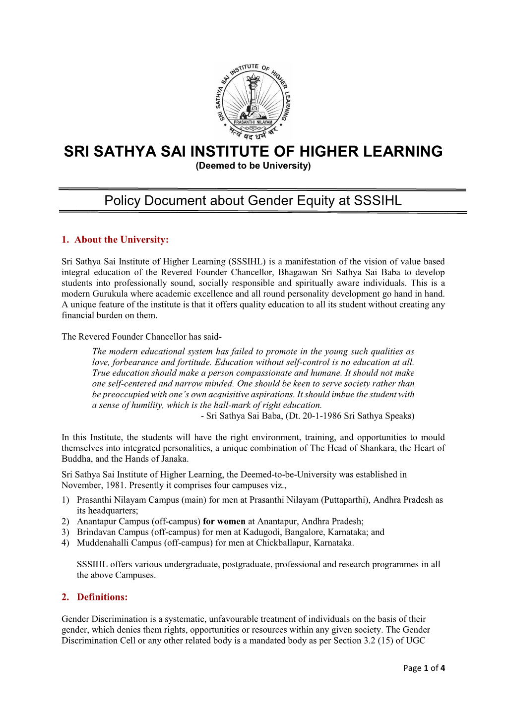 Policy Document About Gender Equity at SSSIHL