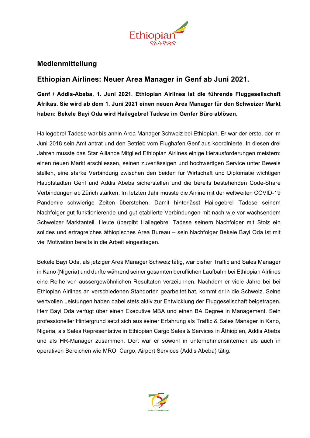 Medienmitteilung Ethiopian Airlines DE Juni 2021 – New Area Manager