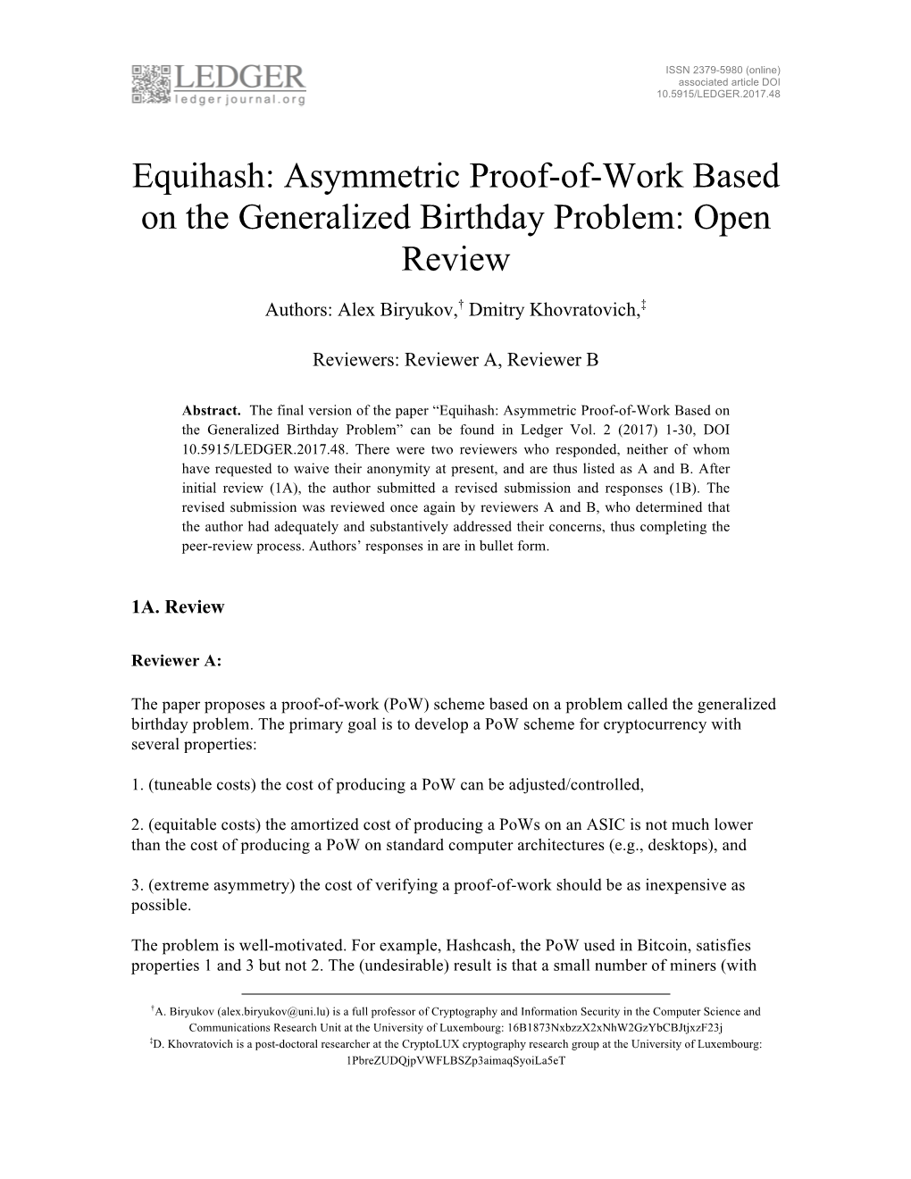 Equihash: Asymmetric Proof-Of-Work Based on the Generalized Birthday Problem: Open Review