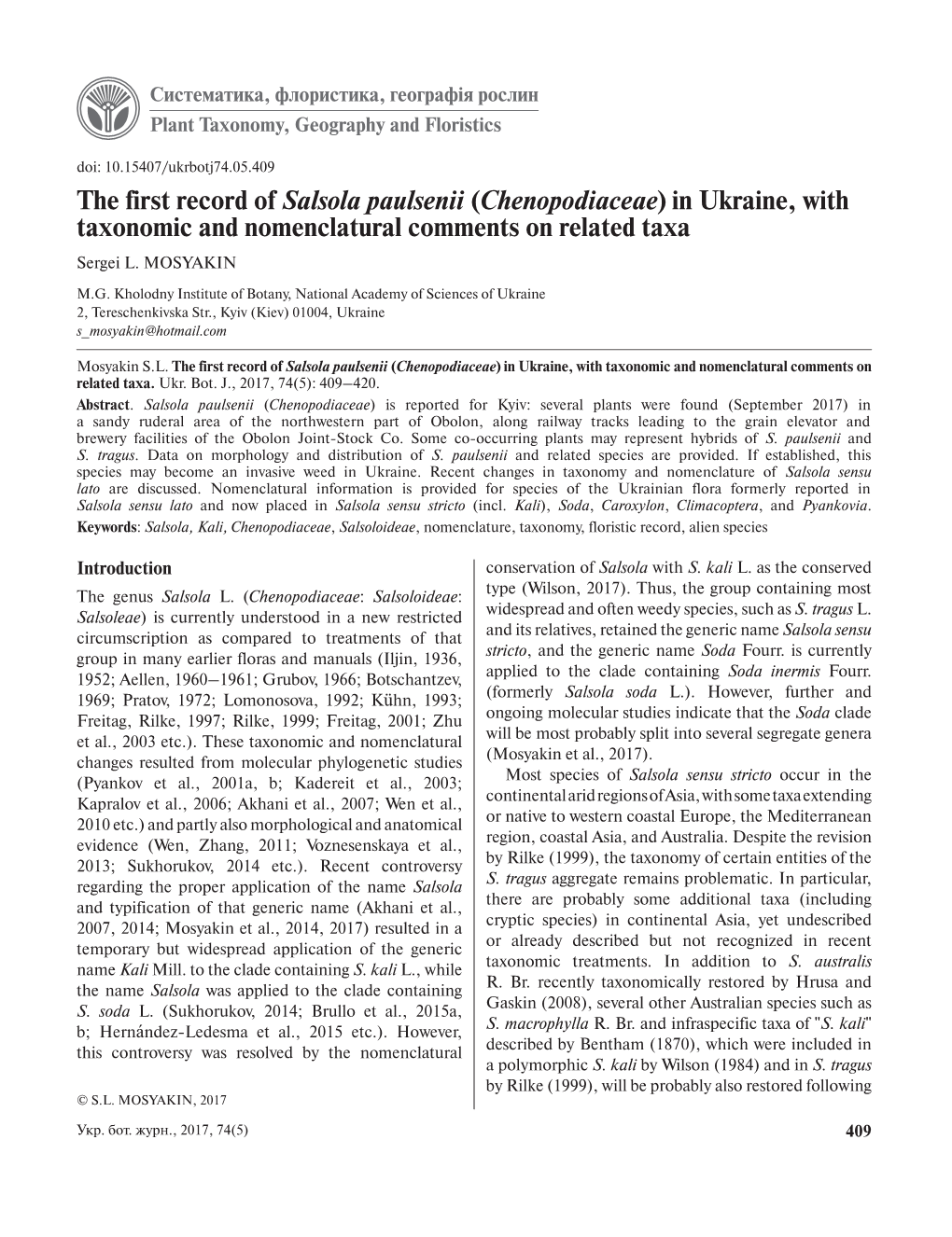 Chenopodiaceae) in Ukraine, with Taxonomic and Nomenclatural Comments on Related Taxa Sergei L