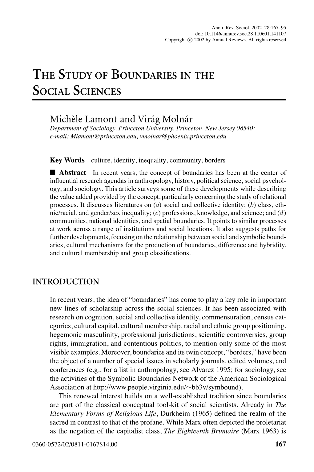 THE STUDY of BOUNDARIES in the SOCIAL SCIENCES Mich`Ele Lamont and Virág Molnár