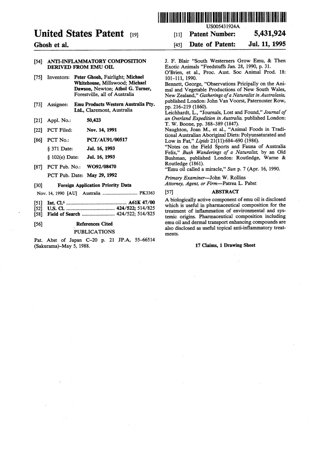 |||||||||||III US005431924A United States Patent (19) 11 Patent Number: 5,431,924 Ghosh Et Al