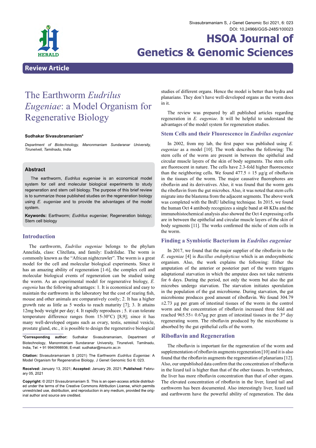 The Earthworm Eudrilus Eugeniae: a Model Organism for Regenerative Biology