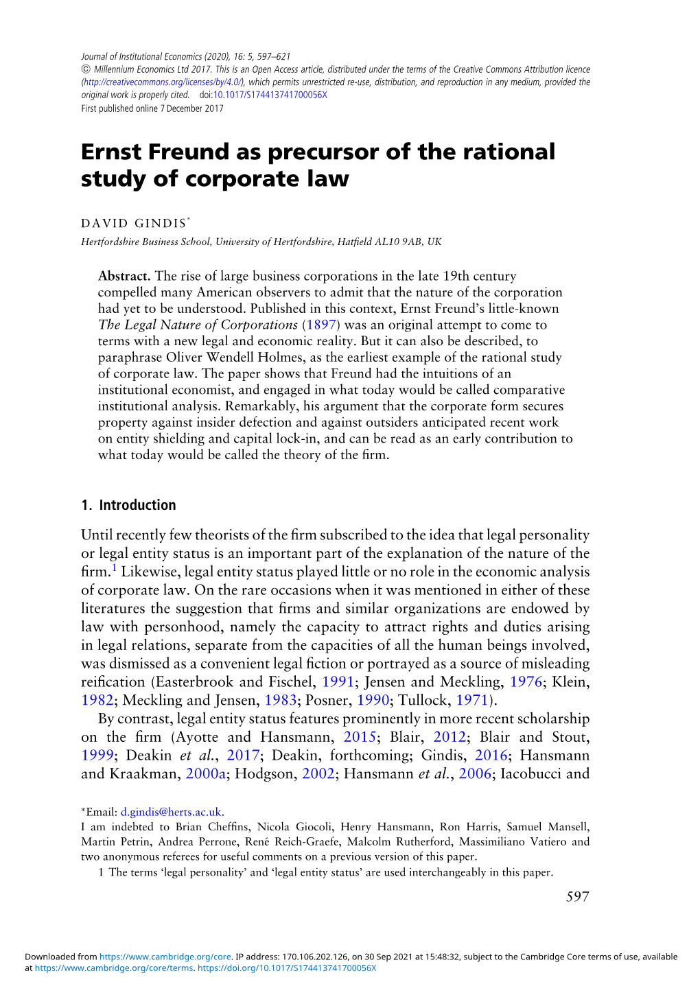Ernst Freund As Precursor of the Rational Study of Corporate Law