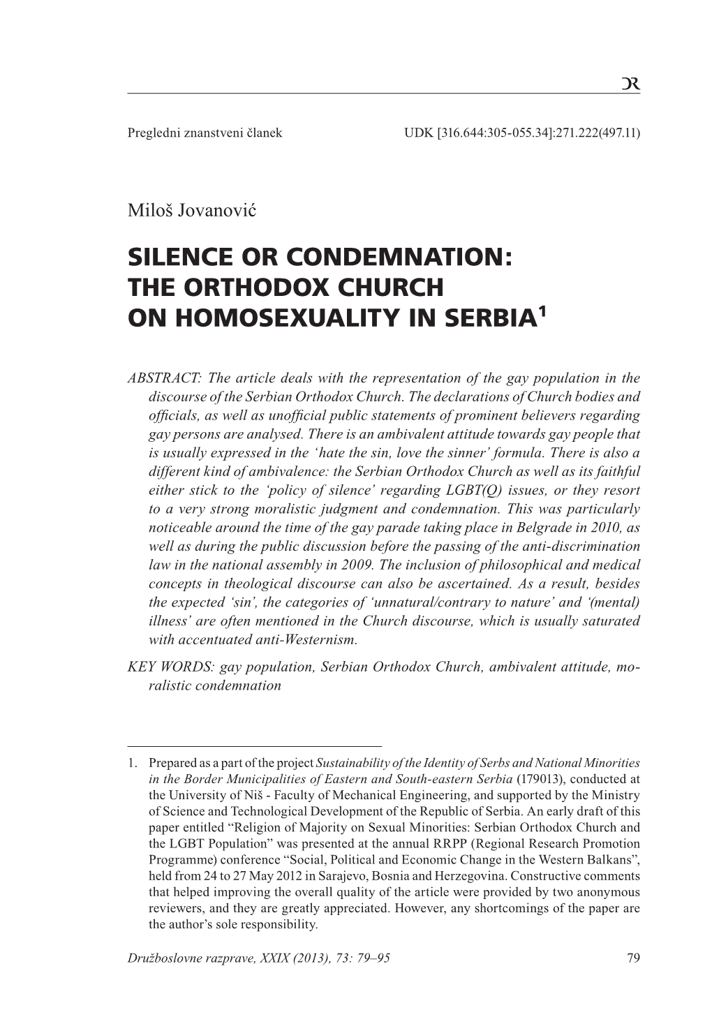 The Orthodox Church on Homosexuality in Serbia1