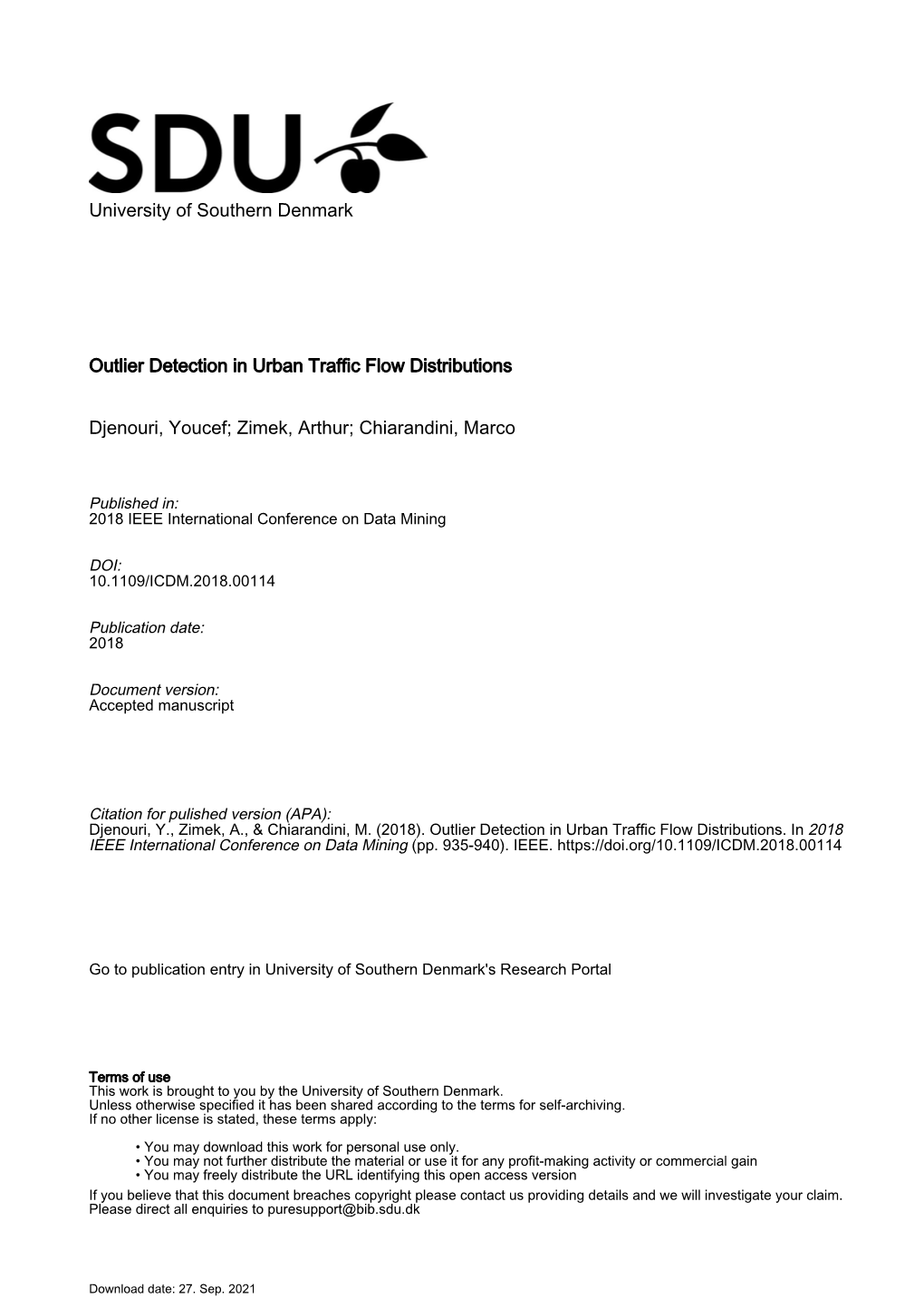 University of Southern Denmark Outlier Detection in Urban Traffic