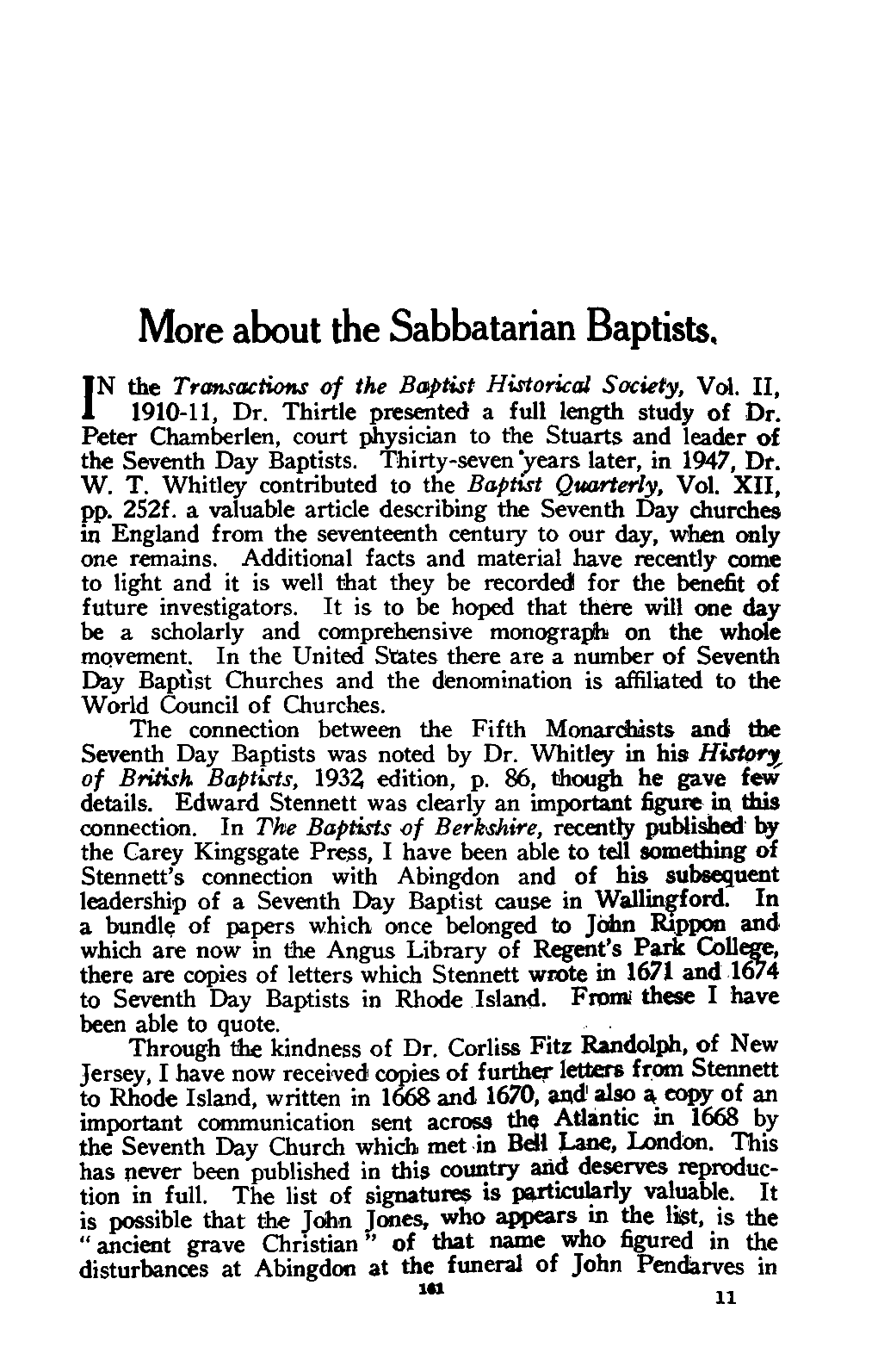 About the Sabbatarian Baptists. N the Transactions of the Bfjptist Historical Society, Vol