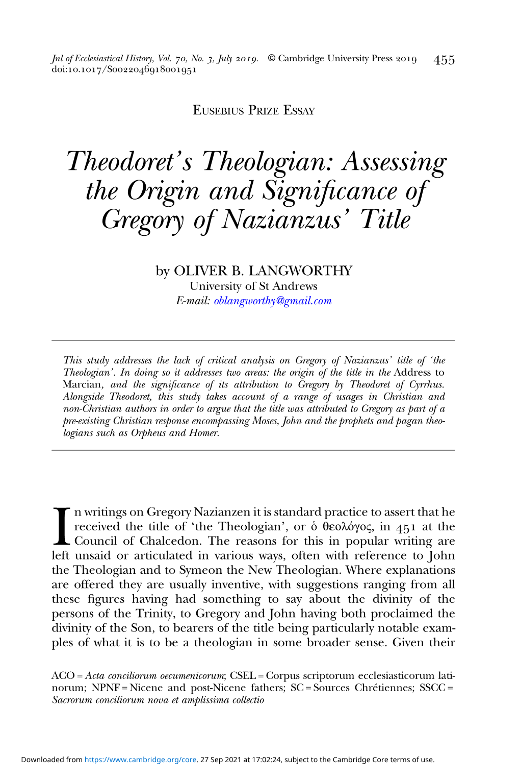 Theodoret's Theologian: Assessing the Origin and Significance of Gregory of Nazianzus' Title