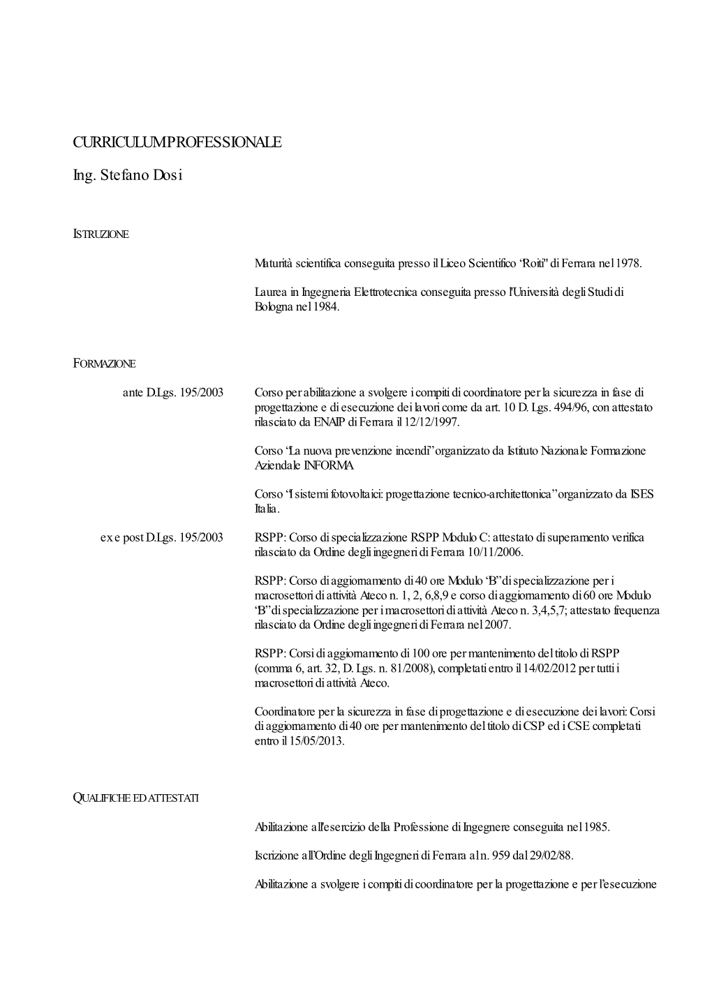 CURRICULUM PROFESSIONALE Ing. Stefano Dosi