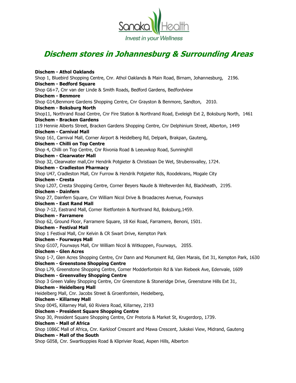 Dischem Stores in Johannesburg & Surrounding Areas