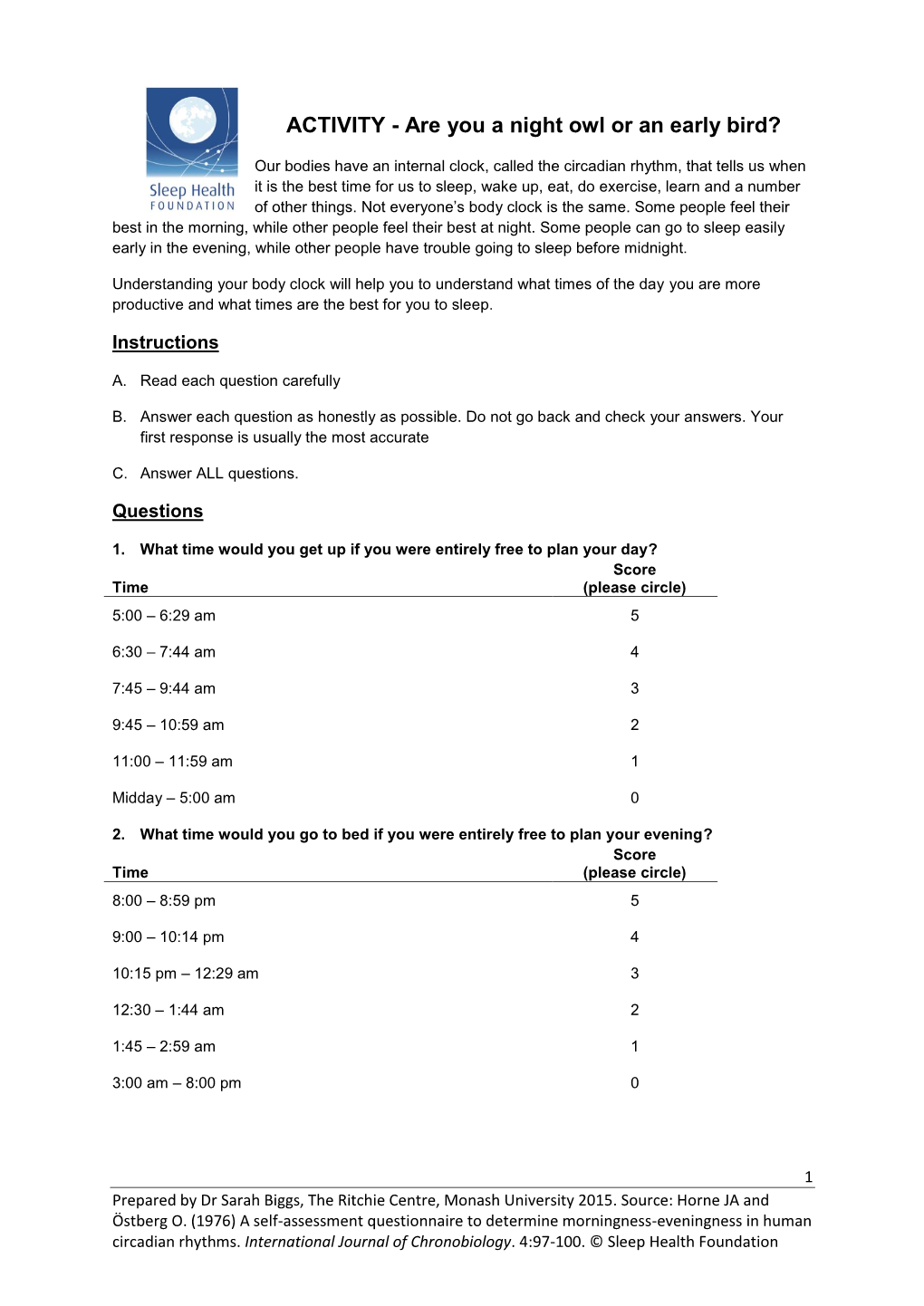 ACTIVITY - Are You a Night Owl Or an Early Bird?