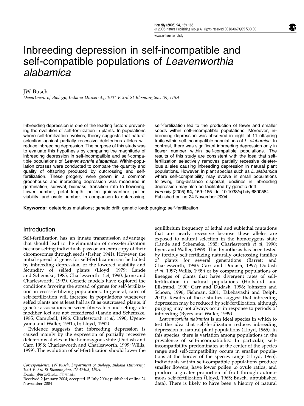 Inbreeding Depression in Self-Incompatible and Self-Compatible Populations of Leavenworthia Alabamica
