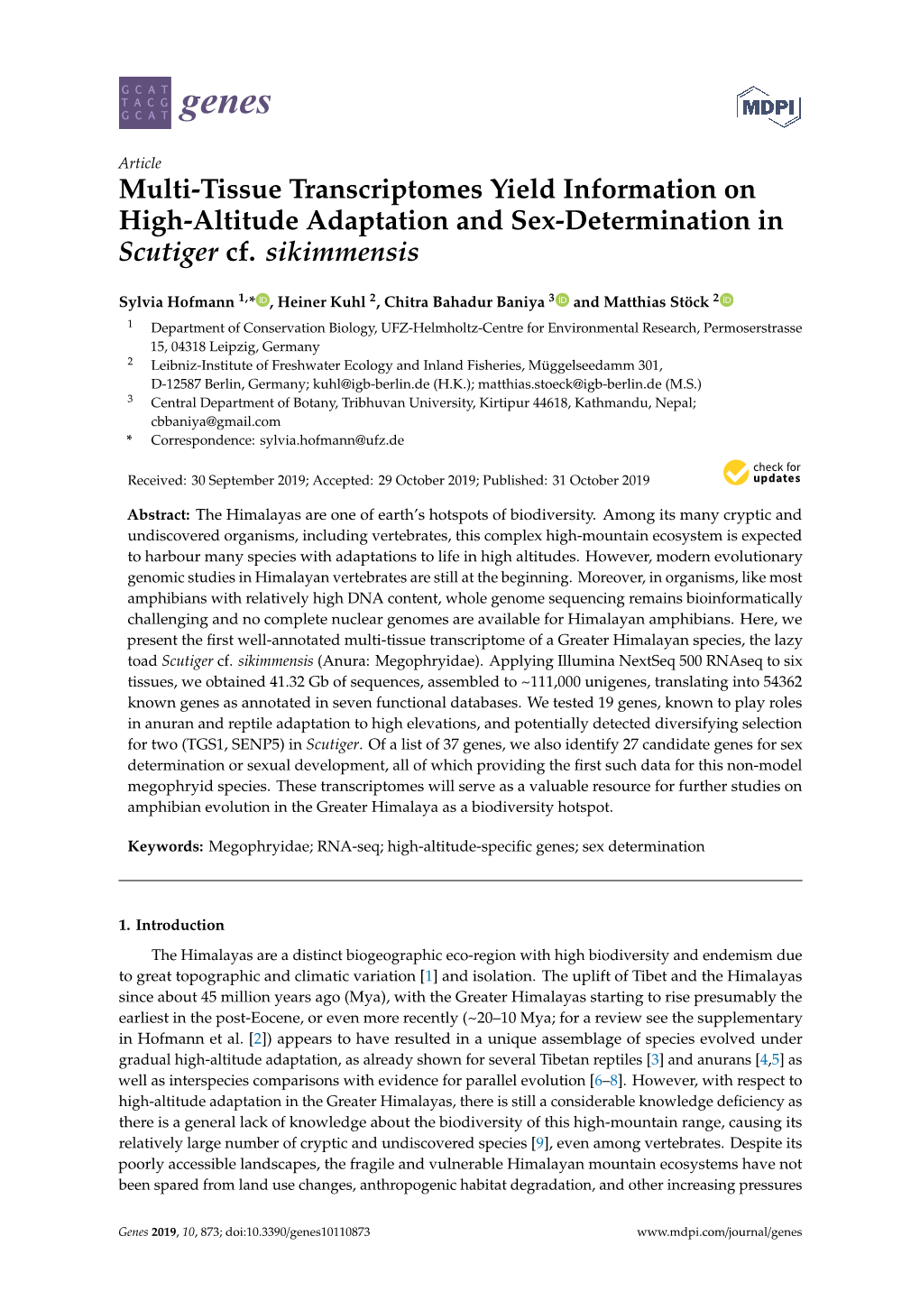 Multi-Tissue Transcriptomes Yield Information on High-Altitude Adaptation and Sex-Determination in Scutiger Cf. Sikimmensis