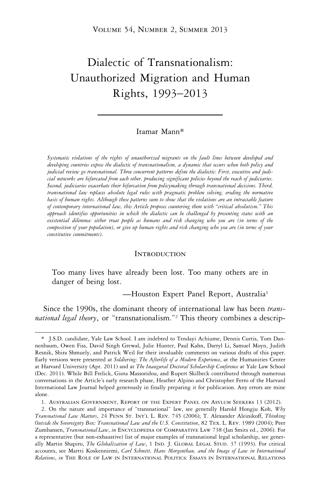 Dialectic of Transnationalism: Unauthorized Migration and Human Rights, 1993–2013