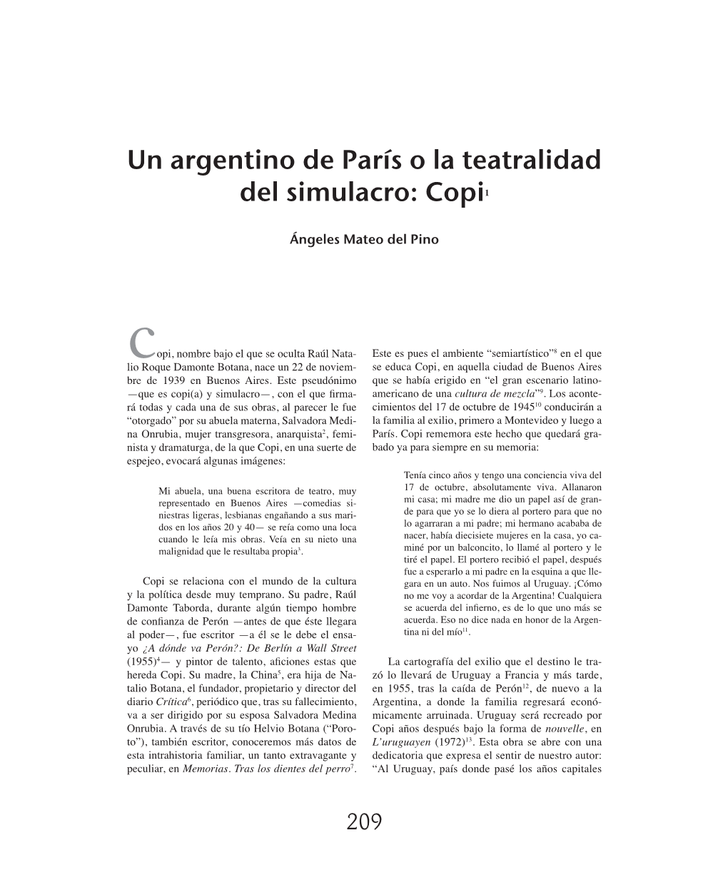 Un Argentino De París O La Teatralidad Del Simulacro: Copi1