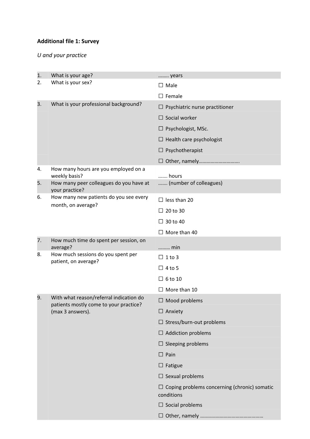 Additional File 1: Survey