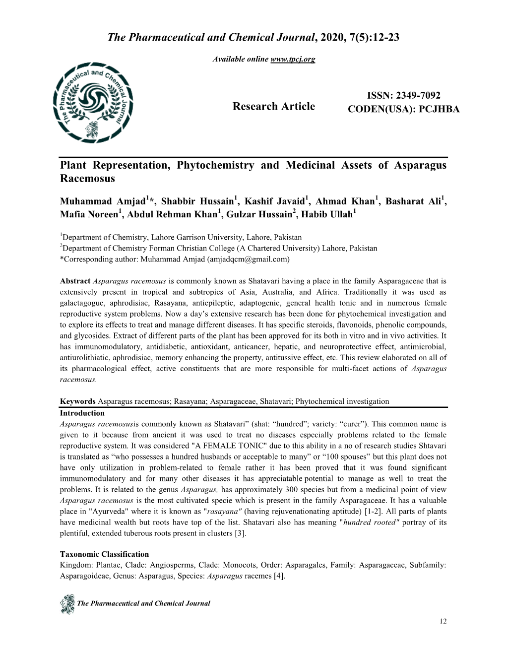 Plant Representation, Phytochemistry and Medicinal Assets of Asparagus Racemosus