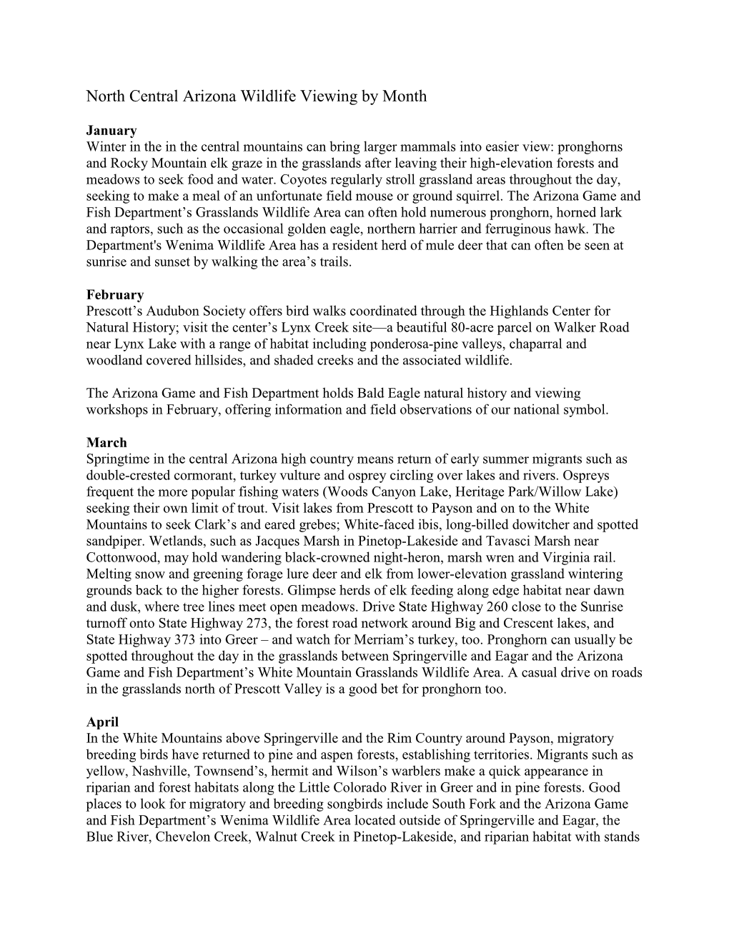 North Central Arizona Wildlife Viewing by Month