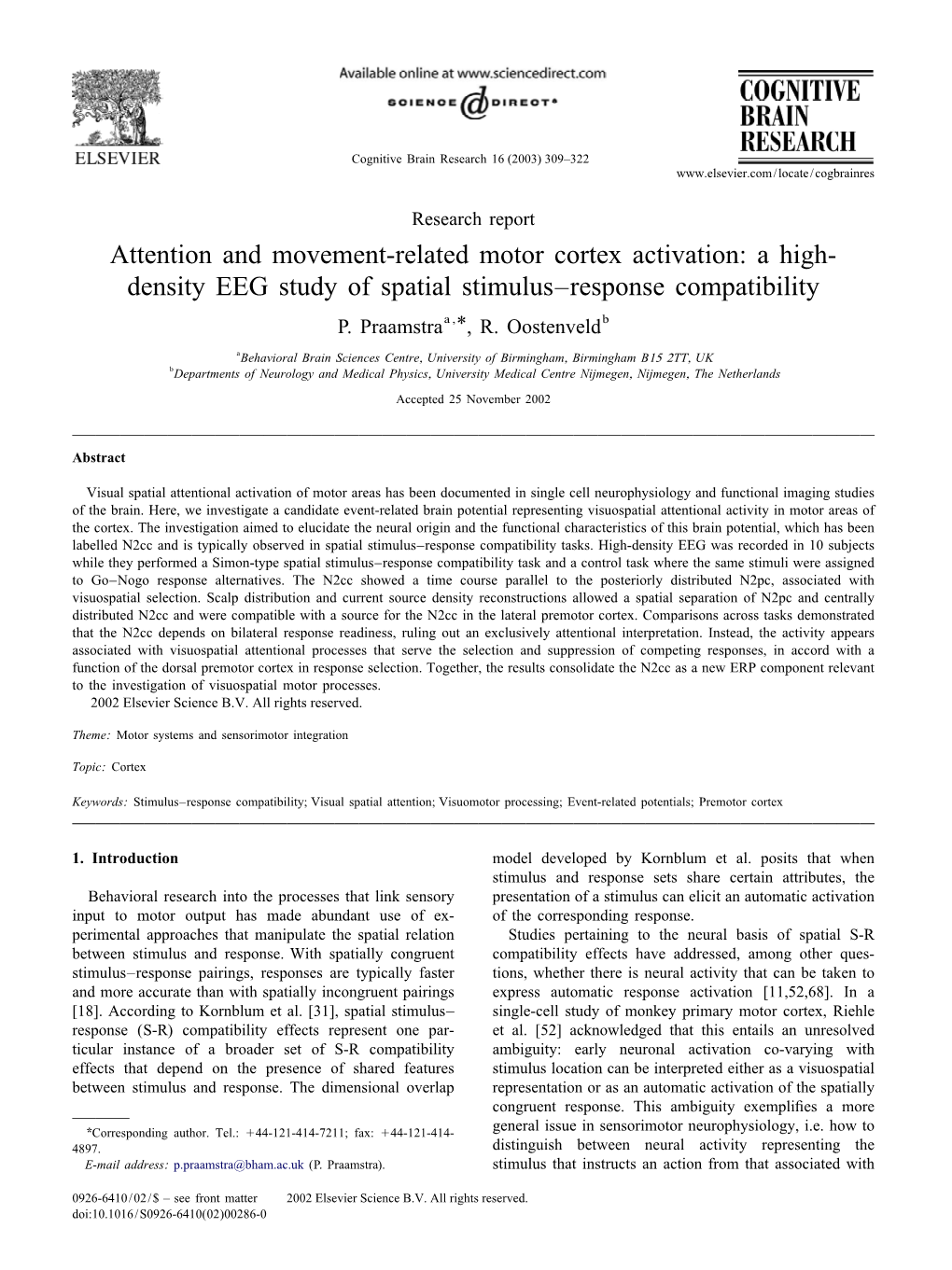 Density EEG Study of Spatial Stimulus–Response Compatibility P