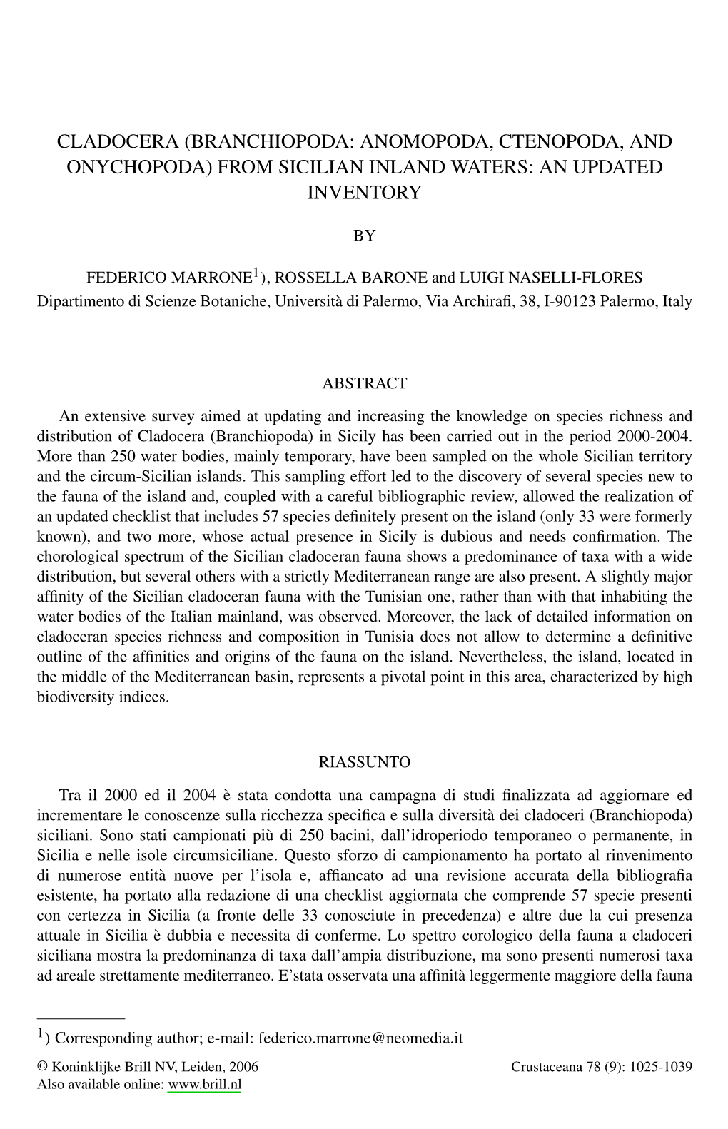 Cladocera (Branchiopoda: Anomopoda, Ctenopoda, and Onychopoda) from Sicilian Inland Waters: an Updated Inventory