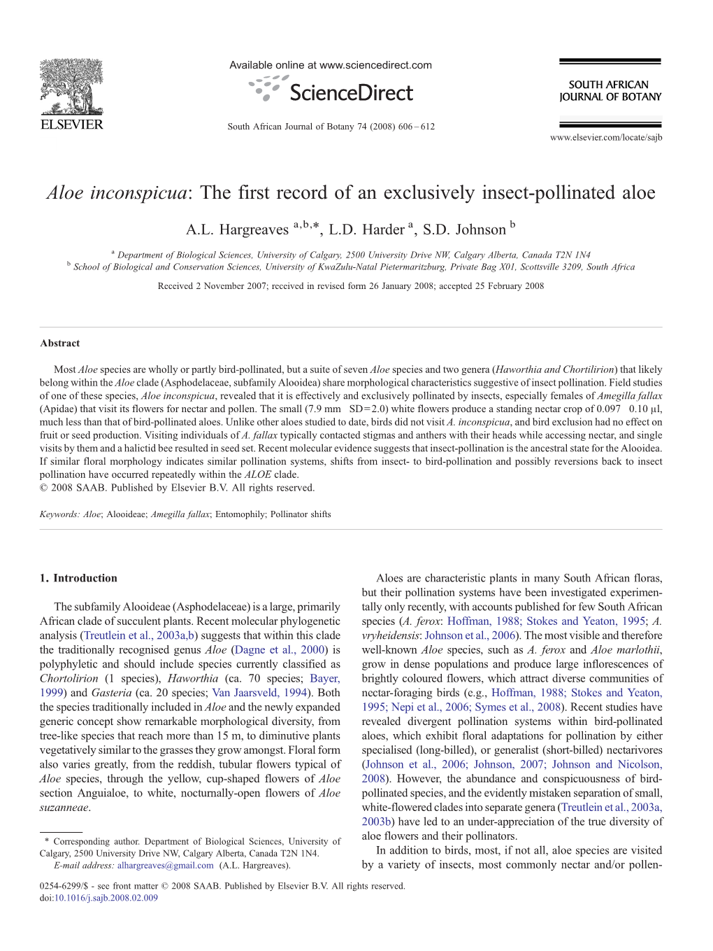 The First Record of an Exclusively Insect-Pollinated Aloe ⁎ A.L