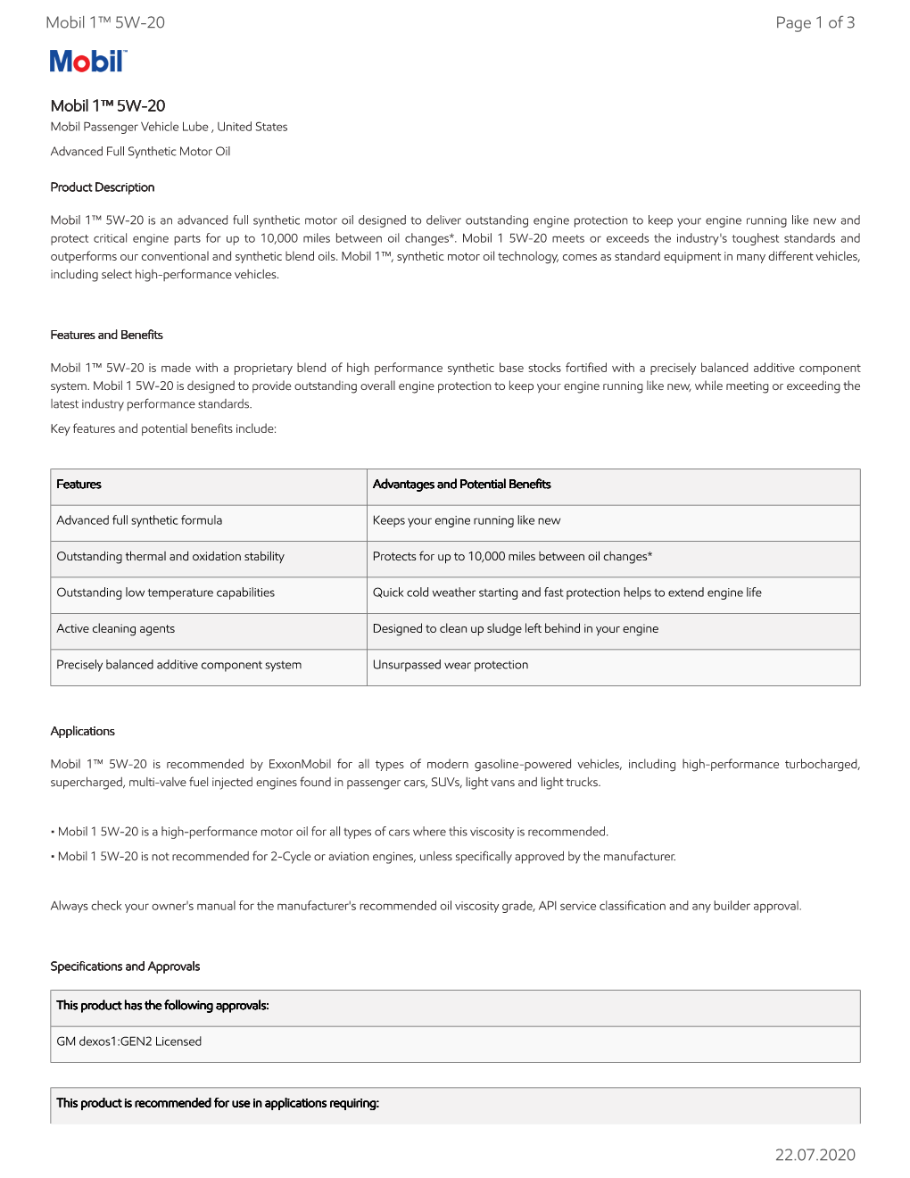 Mobil 1™ 5W-20 Page 1 of 3 22.07.2020