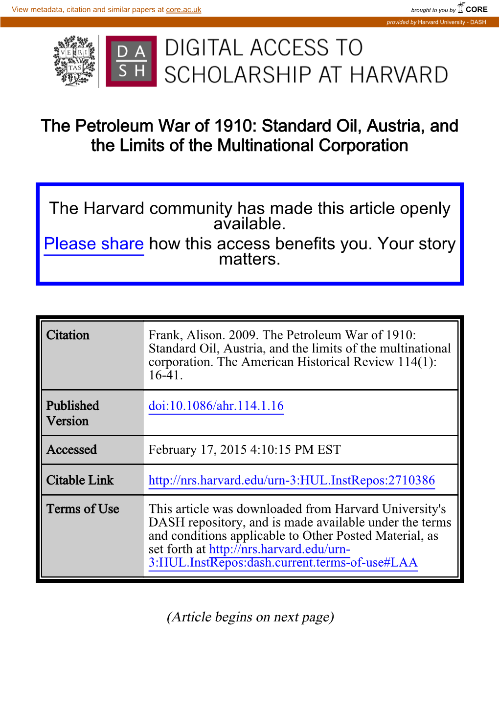 The Petroleum War of 1910: Standard Oil, Austria, and the Limits of the Multinational Corporation