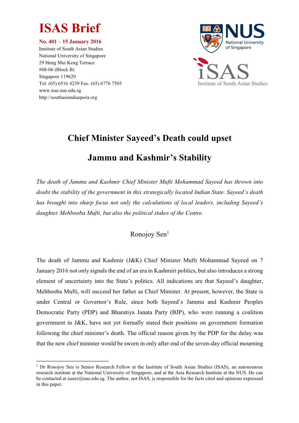 Chief Minister Sayeed's Death Could Upset Jammu and Kashmir's